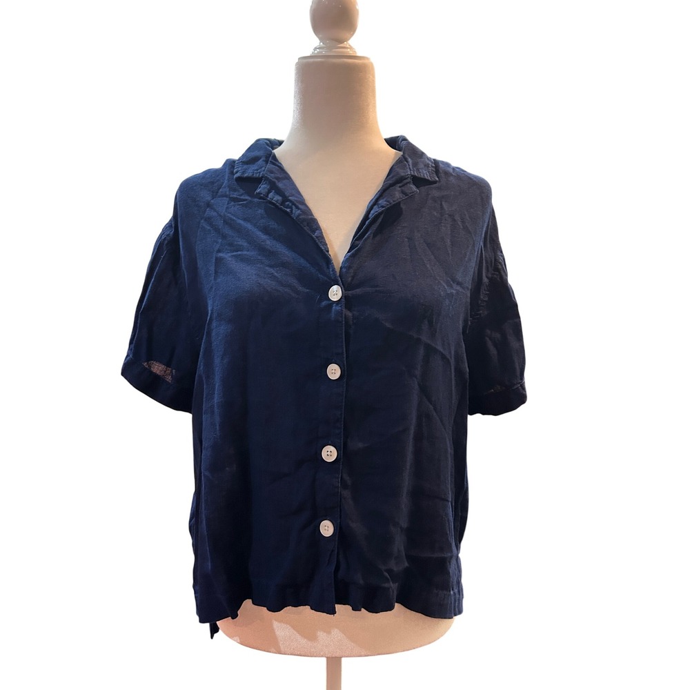 Navy Button Down Shirt Short Sleeve Collared Relaxed Fit Top